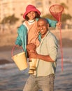 Portrait, children and fishing with a father and daughter at the beach for bonding on summer vacation. Kids, family and Royalty Free Stock Photo