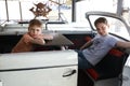 Children at restaurant table in car Royalty Free Stock Photo