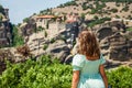 Portrait of children visiting the famous Meteora monastery in Greece Royalty Free Stock Photo