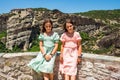 Portrait of children visiting the famous Meteora monastery in Greece Royalty Free Stock Photo