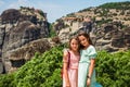 Portrait of children visiting the famous Meteora monastery in Greece Royalty Free Stock Photo