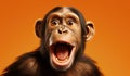 Portrait of a Chimpanzee showing his teeth. Open mouth. Orange background