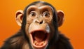 Portrait of a Chimpanzee showing his teeth. Open mouth. Orange background