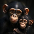 Portrait of a chimpanzee wsith baby in front of a black background.Monkey portrait