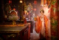 Portrait of a Chinese woman with a hand lantern In sacred shrines or temples, And in Chinese where hand lamp mean good luck and