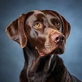 portrait of a chocolate labrador retriever on a blue background