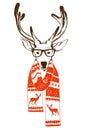 Portrait of a Christmas reindeer dressed in a winter scarf and hipster glasses.