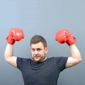 Portrait of chubby boxer posing with boxing gloves as a champion Royalty Free Stock Photo