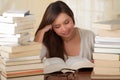 Portrait of clever student with open book reading in college library Royalty Free Stock Photo