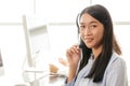 Portrait close up Asian woman Smiling female call center operator Royalty Free Stock Photo