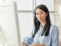 Portrait close up Asian woman Smiling female call center operator Royalty Free Stock Photo