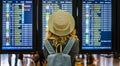 Portrait and close up of the back of curly woman checking the time of her flight in the airport to traveling outdoors and enjoy he