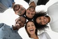 Portrait close up happy diverse employees team standing in circle