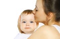 Portrait close up of happy mother kissing her cute baby over white background Royalty Free Stock Photo
