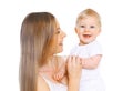 Portrait close-up happy smiling mother and baby having fun together isolated on white