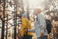 Portrait close up head shot of one cheerful smiling middle age woman walking with her husband enjoying free time and nature. Royalty Free Stock Photo