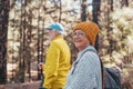 Portrait close up head shot of one cheerful smiling middle age woman walking with her husband enjoying free time and nature. Royalty Free Stock Photo