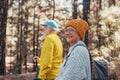 Portrait close up head shot of one cheerful smiling middle age woman walking with her husband enjoying free time and nature. Royalty Free Stock Photo