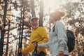 Portrait close up head shot of one cheerful smiling middle age woman walking with her husband enjoying free time and nature. Royalty Free Stock Photo