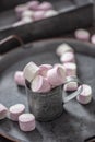Portrait close up of a metallic vintage tray, surface and cup with pink and white marshmallows inside the cup and