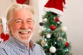 Portrait and close up of old mature man smiling and laughing looking at the camera with a christmas tree at the background - old Royalty Free Stock Photo