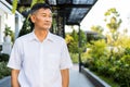 close-up shot of a middle-aged Asian male model with short black hair Royalty Free Stock Photo