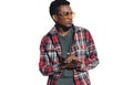 Portrait of stylish african young man posing wearing sunglasses, red plaid shirt, guy looking away isolated on a white Royalty Free Stock Photo