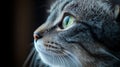 The portrait is a close-up of a tabby cat, whose striking green eyes are fixed intently on something outside Royalty Free Stock Photo