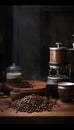 Old vintage hand coffee grinder with ground coffee beans and a filled beans bowl in a rustic charm indoor residence. AI generated.