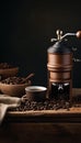 Old vintage hand coffee grinder with ground coffee beans and a filled beans bowl in a rustic charm indoor residence. AI generated.