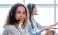 Portrait close up  woman Smiling female call center operator with headset Royalty Free Stock Photo