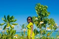 Portrait close up of young beautiful asian girl at chamomile flowers field Royalty Free Stock Photo