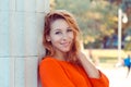 Portrait close up of young beautiful haired woman, on summer scene