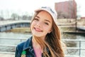 Portrait closeup beautiful young girl in city. Royalty Free Stock Photo