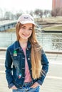 Portrait closeup beautiful young girl in city. Royalty Free Stock Photo