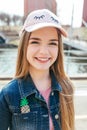 Portrait closeup beautiful young girl in city. Royalty Free Stock Photo