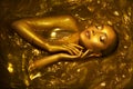 Portrait Closeup Beauty fantasy woman face in gold paint. Golden shiny skin. Glamorous fashion model girl image goddess