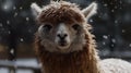 Portrait Closeup of brown blonde sweet suri alpaca looking in the camera