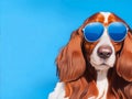 Portrait and closeup, English Springer Spaniel wearing sunglasses. light blue background, isolated and copy space Royalty Free Stock Photo