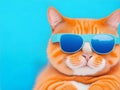 Portrait and closeup, ginger cat wearing sunglasses. light blue background, isolated and copy space