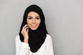 Portrait closeup of muslim prayer woman 20s in hijab smiling and Royalty Free Stock Photo