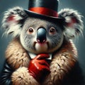 Portrait, closeup oil painting of an adorable koala dressed in coat and hat, AI Generation