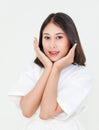 Portrait closeup studio shot of millennial young Asian black short hair female model wearing makeup in shower rope standing Royalty Free Stock Photo