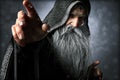 Portrait closeup of a wise Warlock old hooded wizard posing ready to cast an enchanted powerful spell . Royalty Free Stock Photo