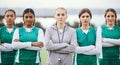 Portrait, coach and women with arms crossed, teamwork and workout with competition, exercise and sports. Face, group and