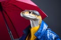 Portrait of a cobra snake wearing a raincoat and an umbrella in studio, colorful background. Autumn concept. Generative AI