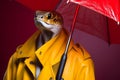 Portrait of a cobra snake wearing a raincoat and an umbrella in studio, colorful background. Autumn concept. Generative AI