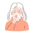 Portrait of a cold woman with a runny nose and a handkerchief. The girl is sick with coronavirus or flu. Vector hand