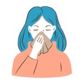 Portrait of a cold woman with a runny nose and a handkerchief. The girl is sick with coronavirus or flu. Vector hand