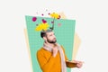 Portrait collage of minded ponder guy artists holding brushes palette looking inspired imagine draw flowers isolated on Royalty Free Stock Photo